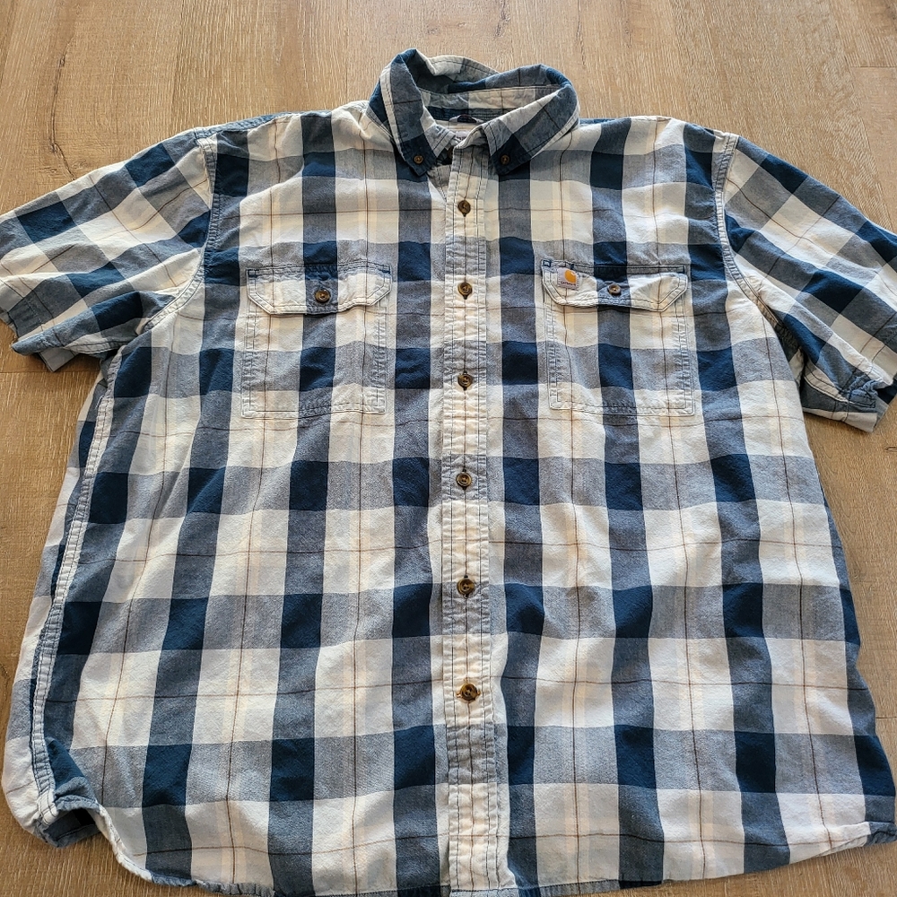Carhartt Men's Casual Short Sleeved Button Down Blue Plaid Shirt 2XL